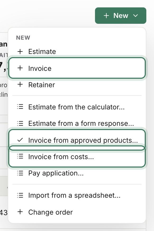 The New menu with the ways to start an invoice