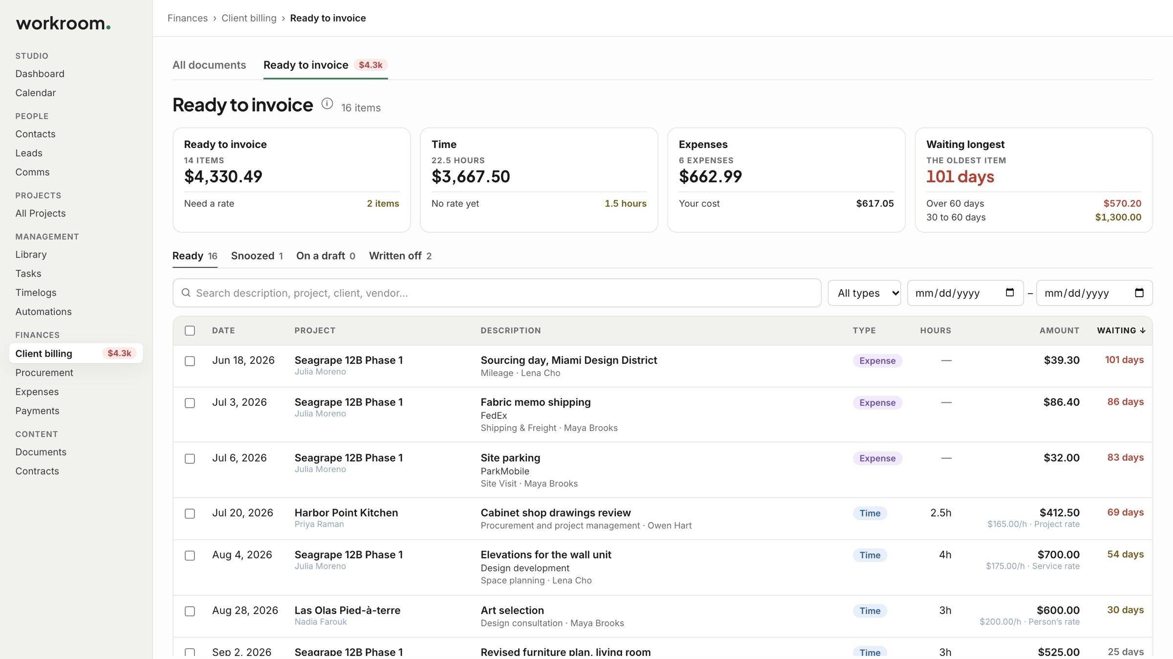 Ready to invoice: time and expenses waiting to be billed