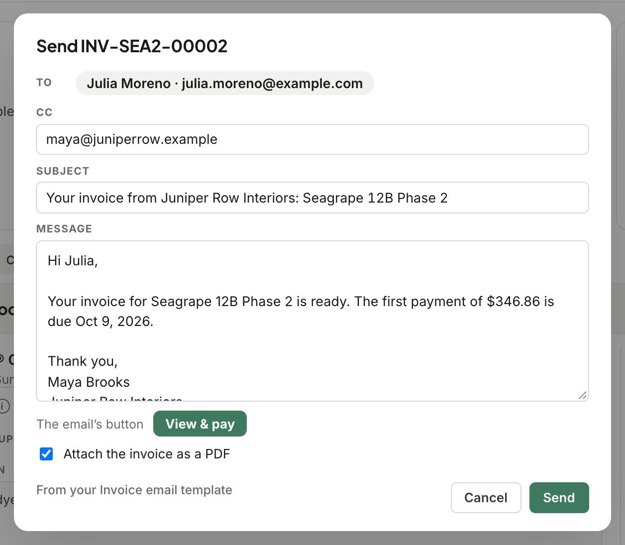Send dialog with To, CC, Subject, Message, the email’s View & pay button and the PDF attachment