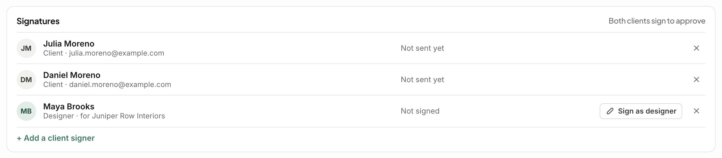 The Signatures box: two clients and the designer’s line with Sign as designer