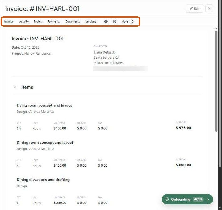 Invoice quick view panel
