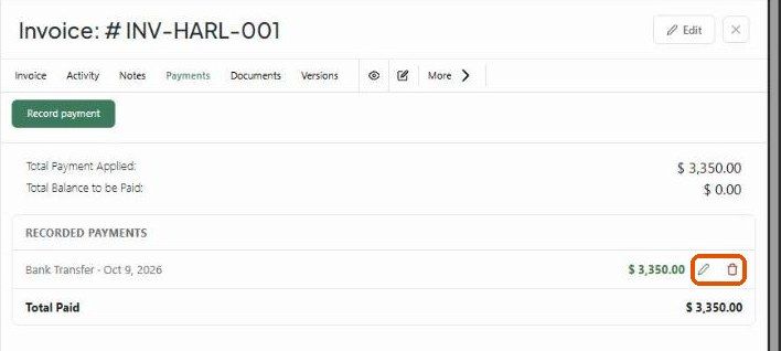 Payments tab with recorded payments and Total Paid