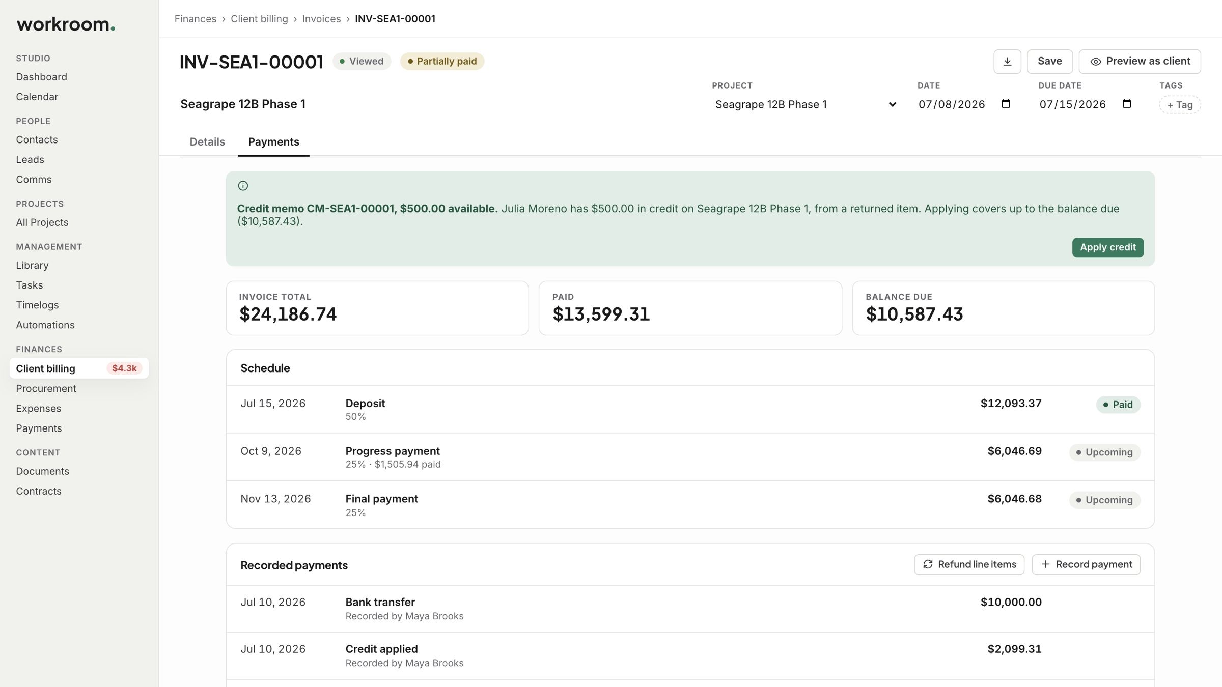 An invoice’s Payments tab with the totals, the payment schedule and recorded payments