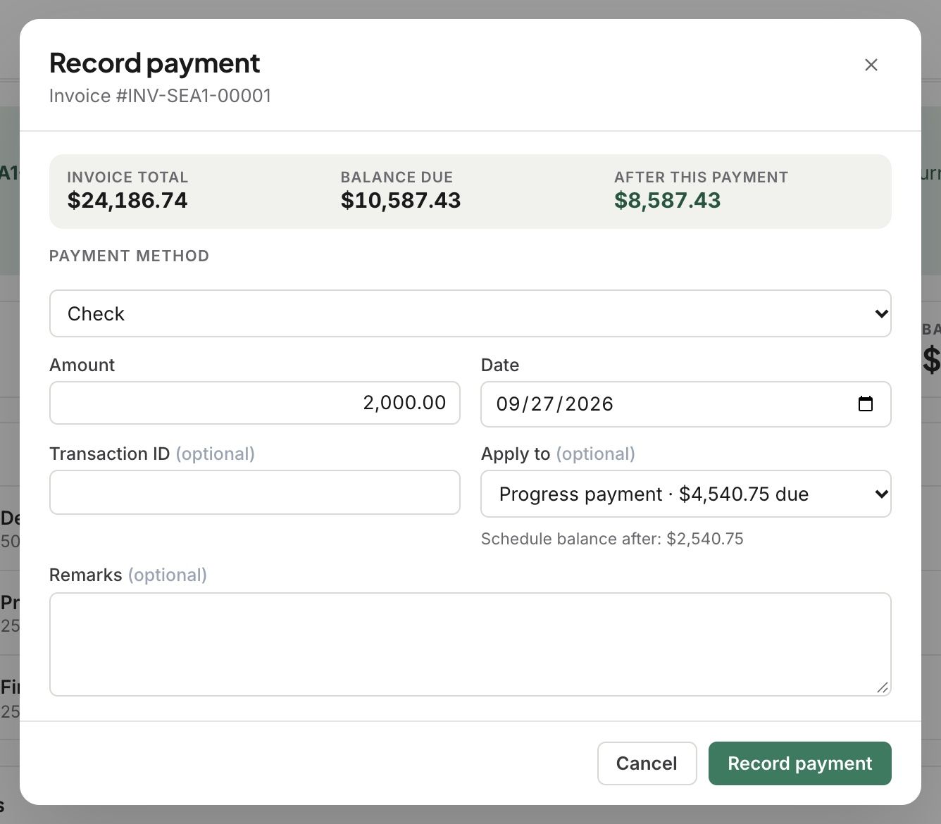 Record payment dialog: a $2,000 check applied to the progress payment