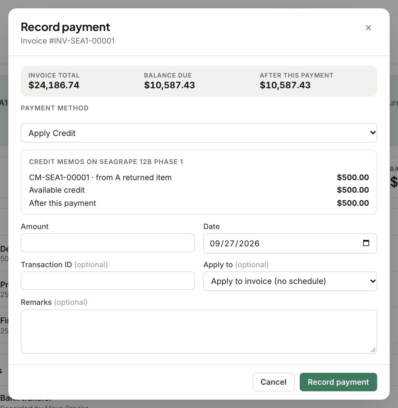 Record payment dialog with Apply Credit chosen