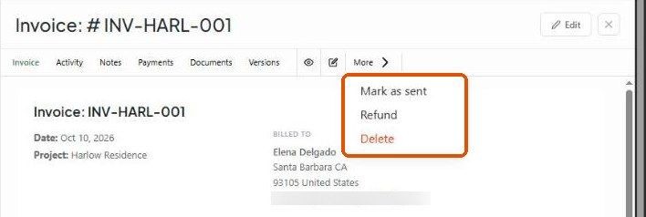 Invoice More menu with Refund