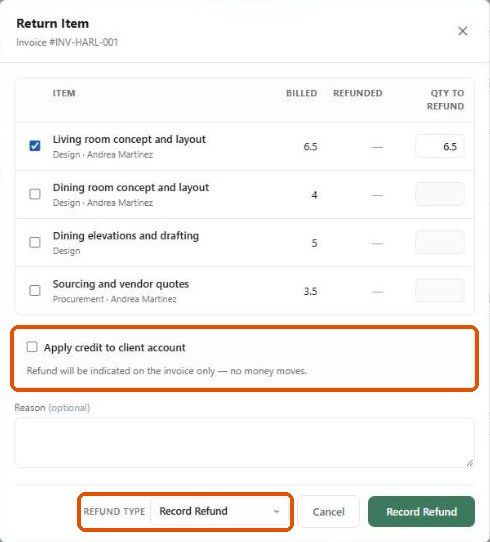 Return Item dialog with credit option and refund type