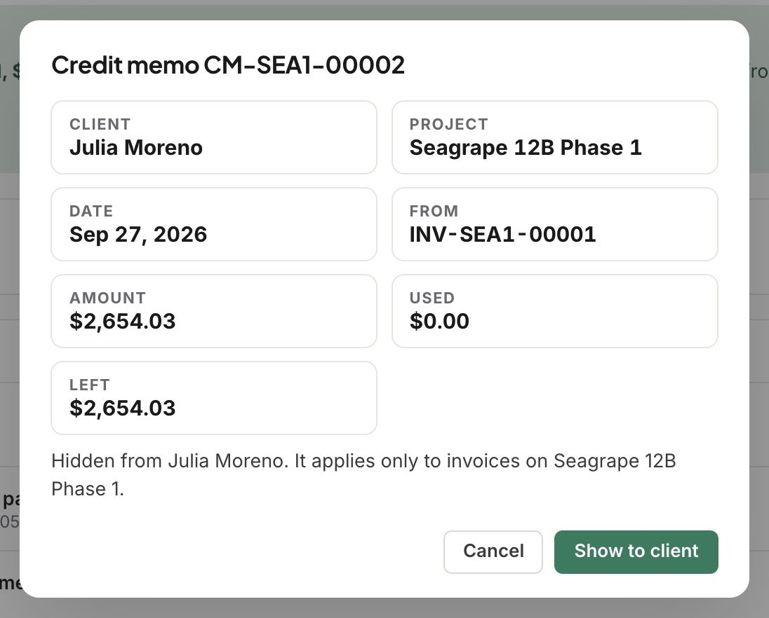 A credit memo with its amount, what has been used and what is left, and the Show to client button