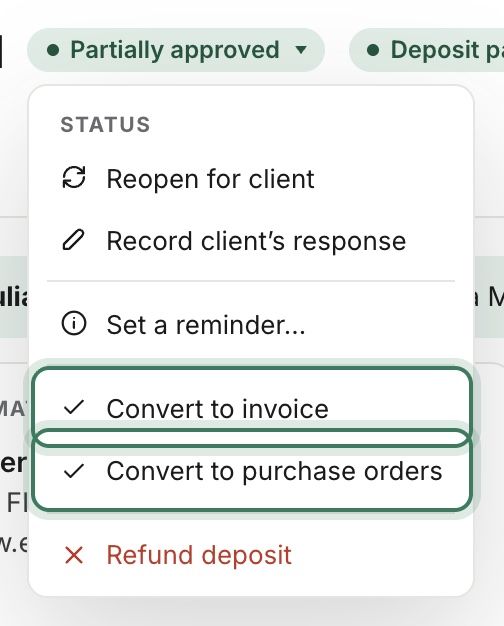 The estimate’s status menu with Convert to purchase orders
