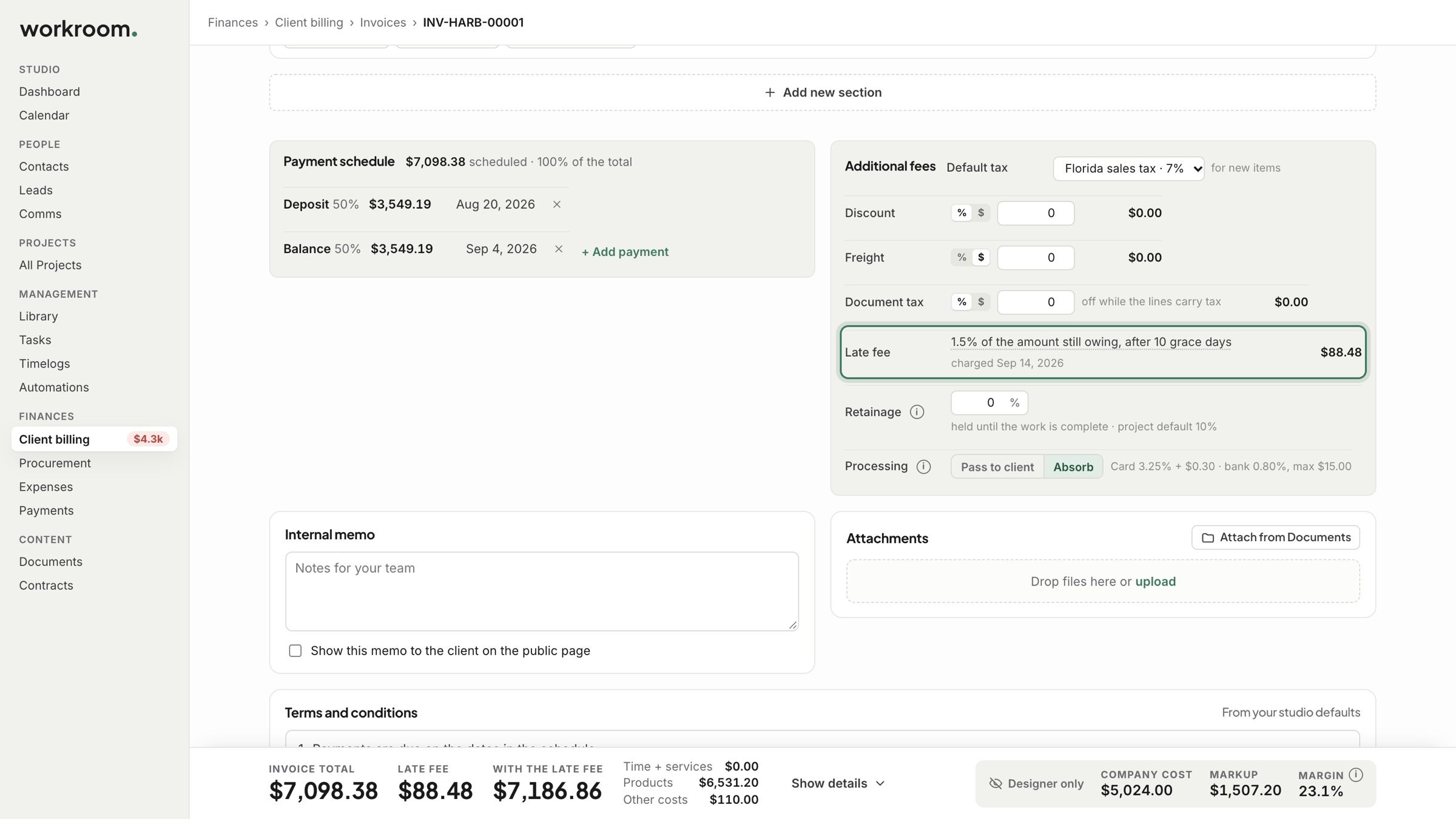 An invoice with a late fee charged, shown in its fees and in the footer