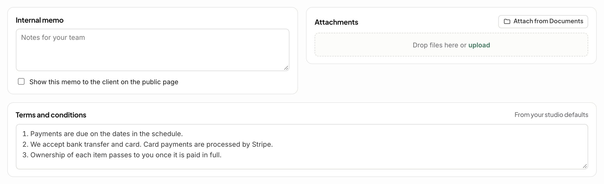 Internal memo, attachments and terms and conditions