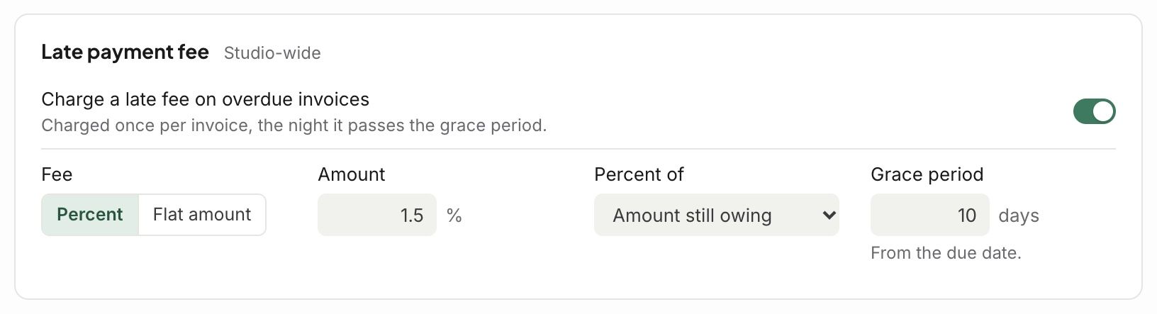 Late payment fee in Settings: the fee, what it is a percent of, and the grace period