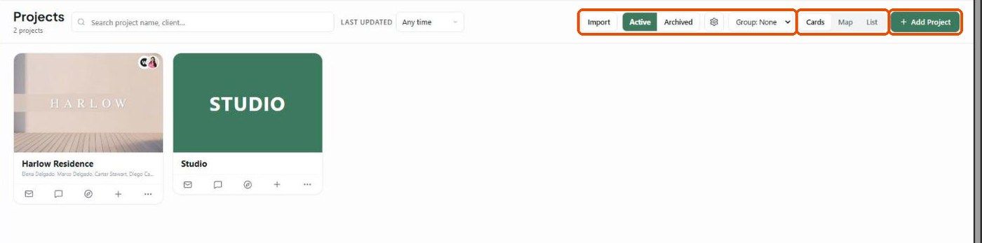 All Projects with search, Last updated filter, Import, Active/Archived, grouping, layouts and Add Project