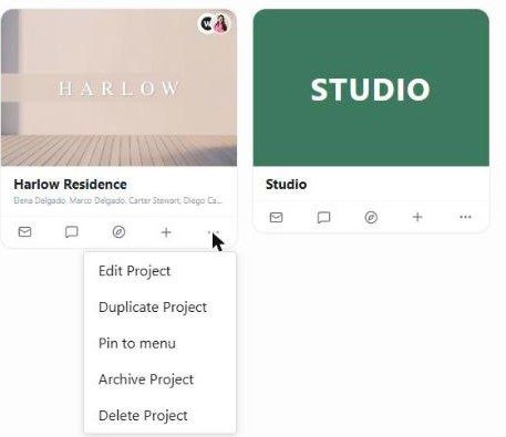 A project card's menu: Edit, Duplicate, Pin to menu, Archive and Delete