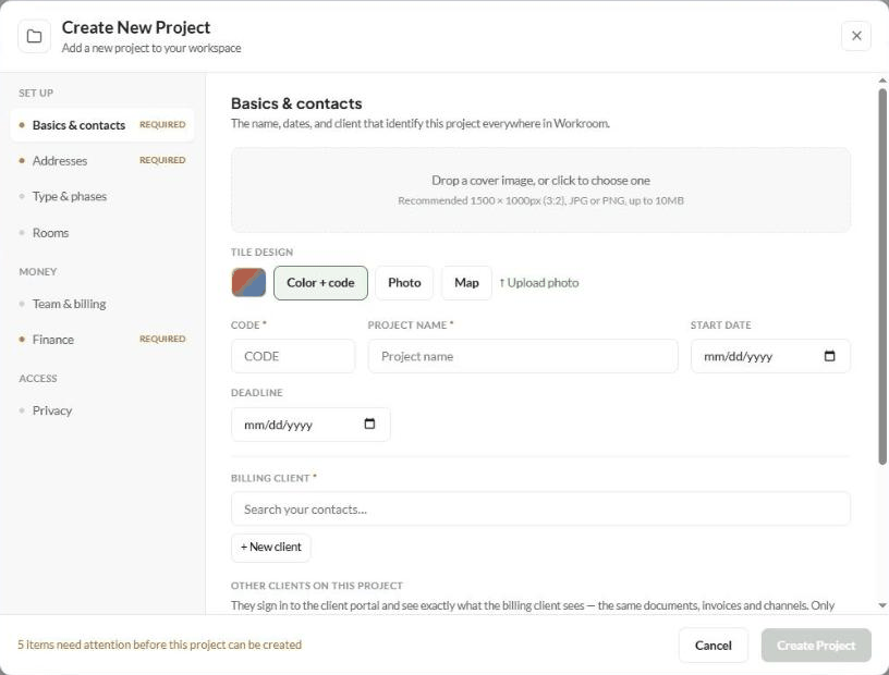 The Create New Project form: Basics, Addresses, Type and phases, Rooms and Finance