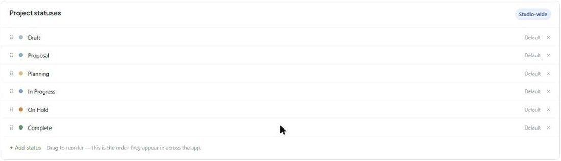 Project statuses in Settings: Draft, Proposal, Planning, In Progress, On Hold, Complete