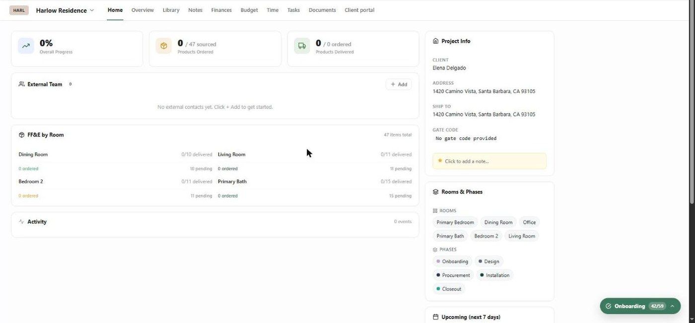 The project Home tab with KPI tiles, External Team, FF&E by Room, Activity, Project Info, Rooms and Phases, and Upcoming