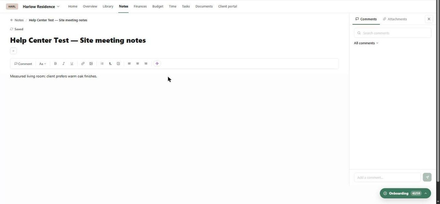 A project note with its toolbar and the Comments and Attachments panel