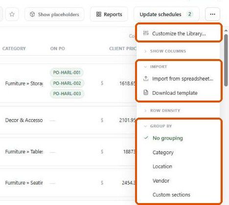 Library ⋯ menu with Show columns, Import, Row density and Group by