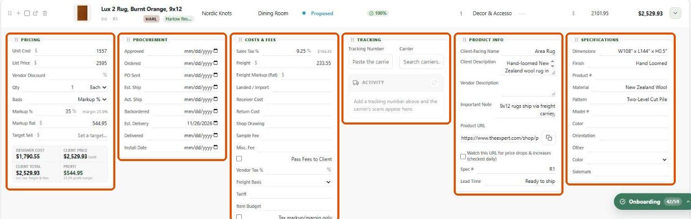 Expanded product row with Pricing, Procurement, Costs & Fees, Tracking, Product Info and Specifications
