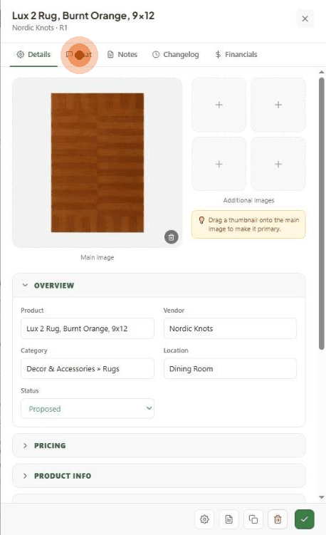 Moving through the Chat, Notes, Changelog and Financials tabs