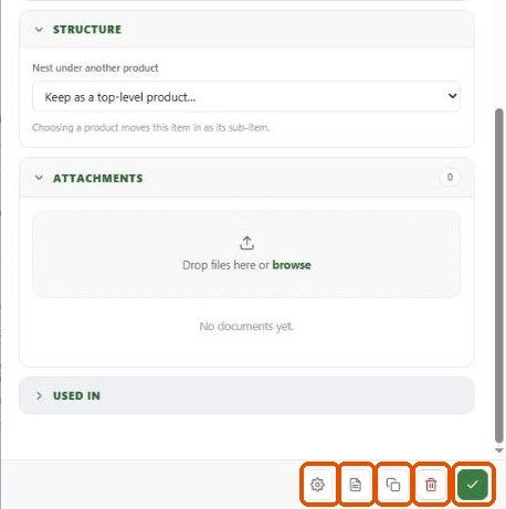 Structure and Attachments sections in the product drawer