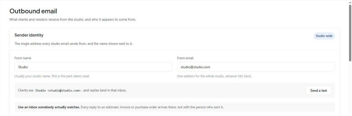 Sender identity: From name, From email, the preview line and Send a test