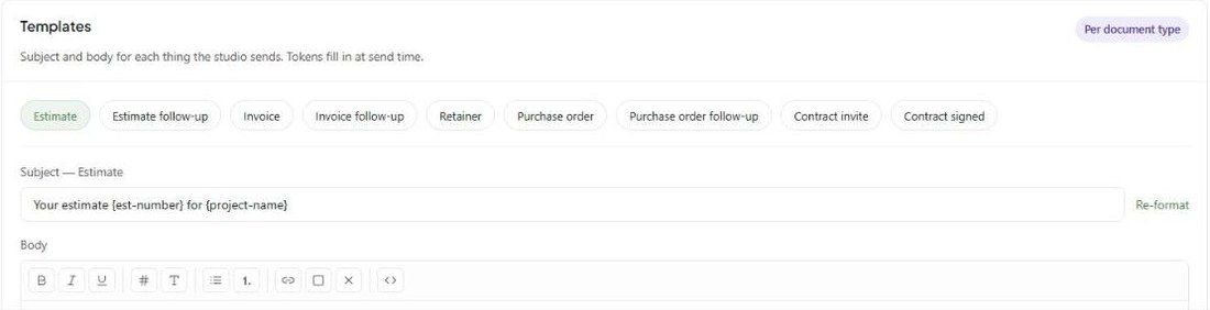 The Templates section with a tab for each email and the Estimate subject line