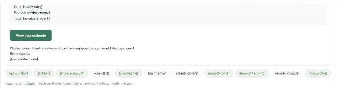 The template body with a View your estimate button, and token chips underneath