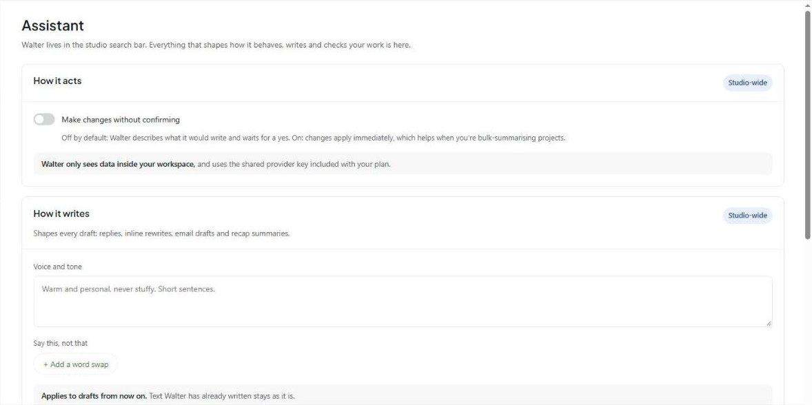 Assistant settings: Make changes without confirming, Voice and tone, and word swaps