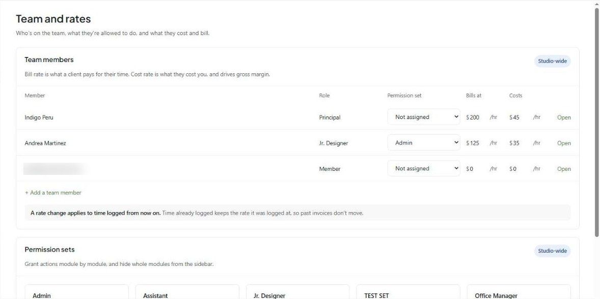 Team and rates with team members, their permission set and rates, and the Permission sets cards