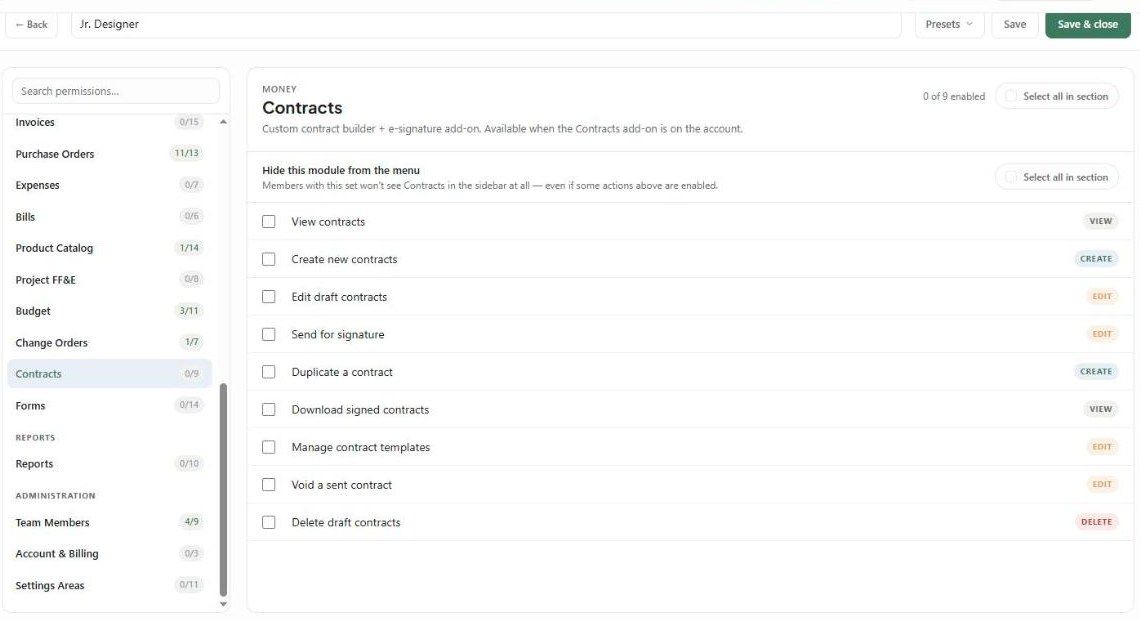 Editing a permission set: module list, the Contracts actions and Hide this module from the menu