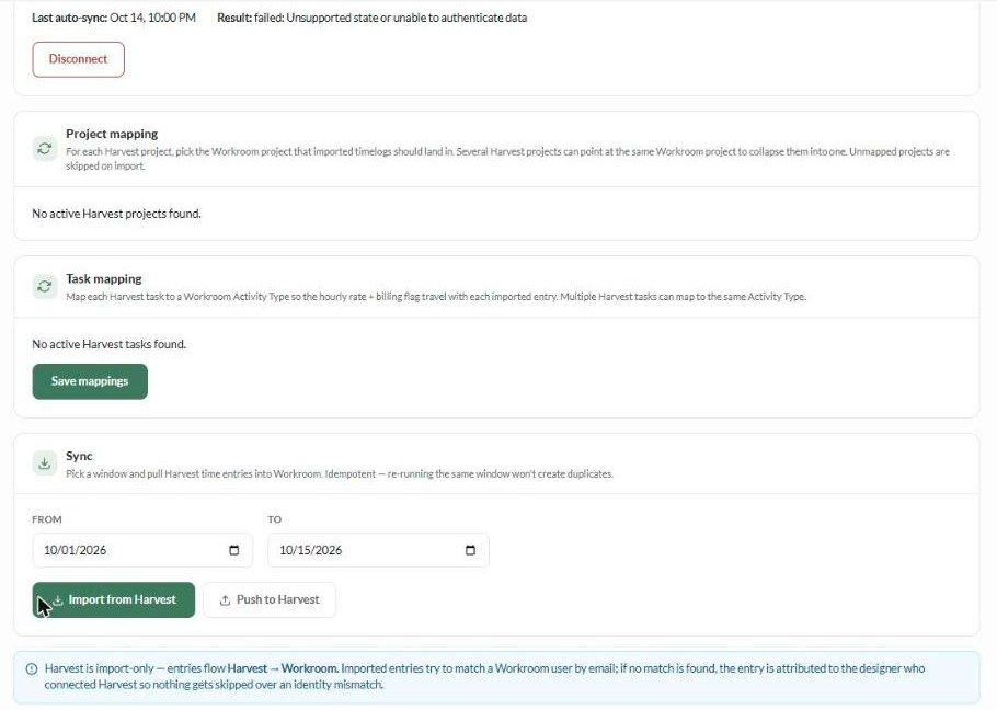 Harvest settings: automated sync result, project mapping, task mapping and the Sync controls