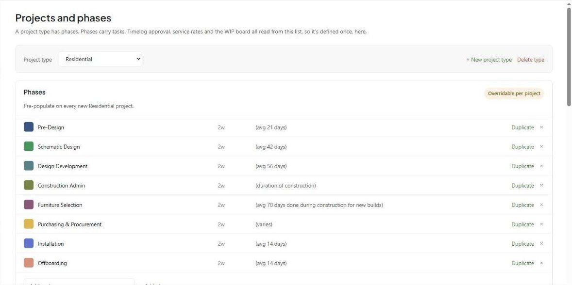 Projects and phases: project type picker and the Residential phase list