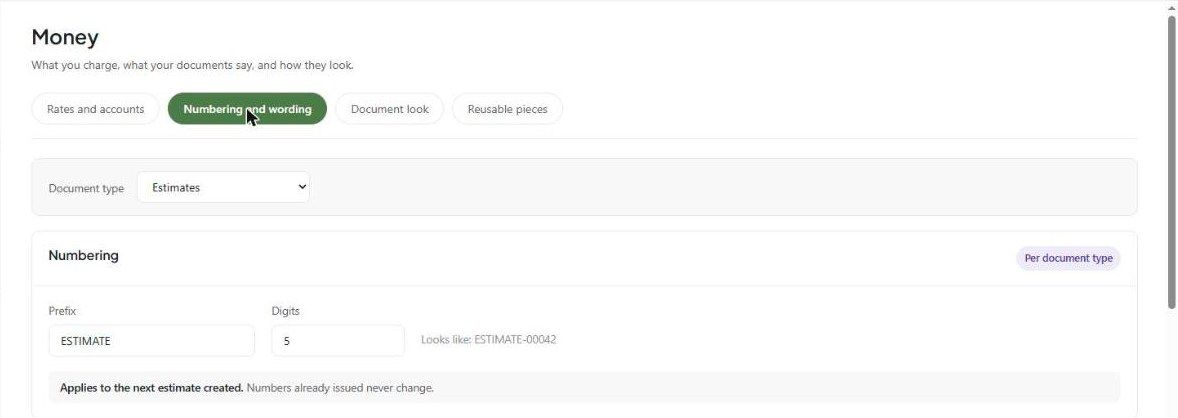 Numbering and wording: prefix, digits and a live example