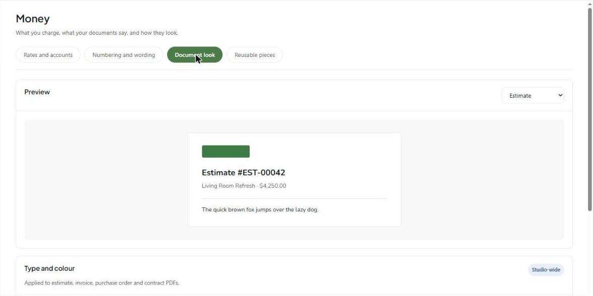 Document look with a live estimate preview
