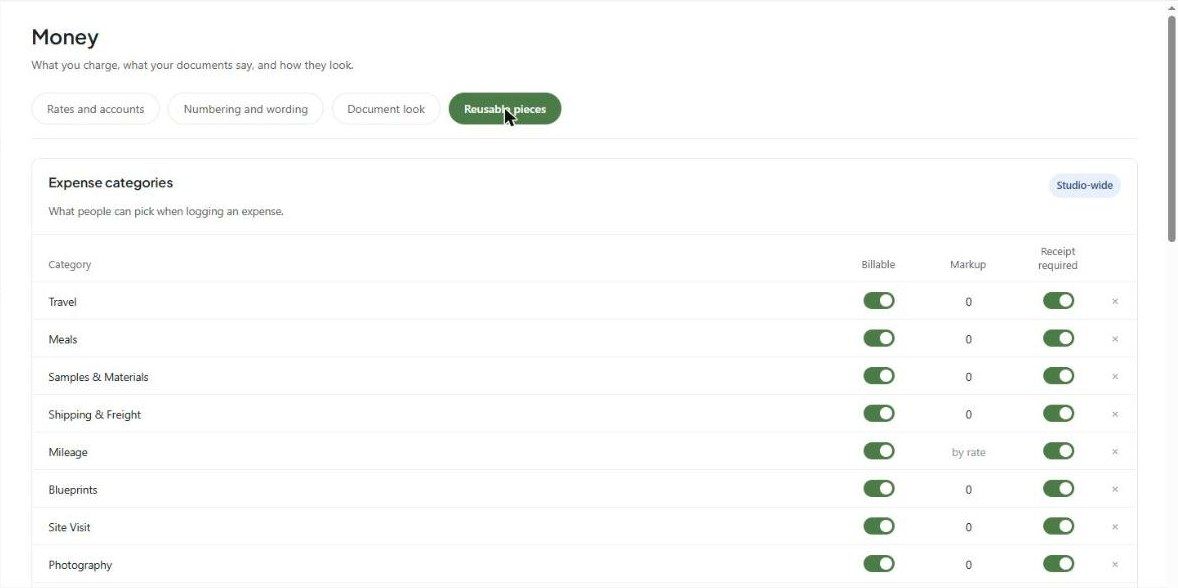 Reusable pieces: expense categories with billable, markup and receipt settings