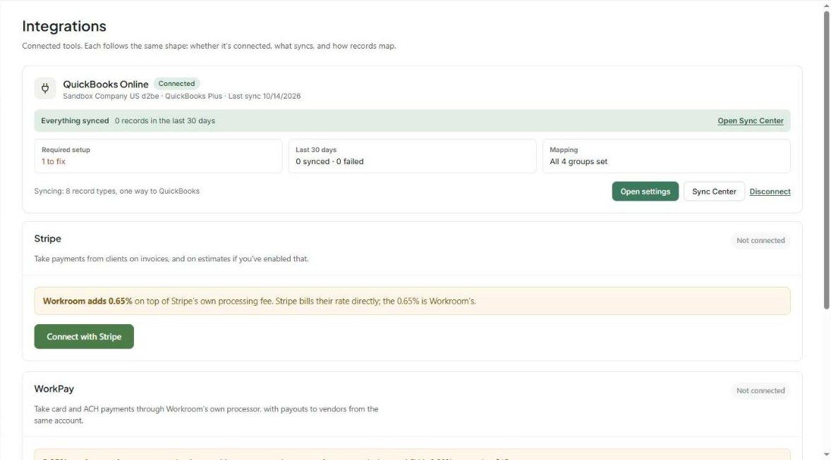 The QuickBooks Online card on the Integrations page