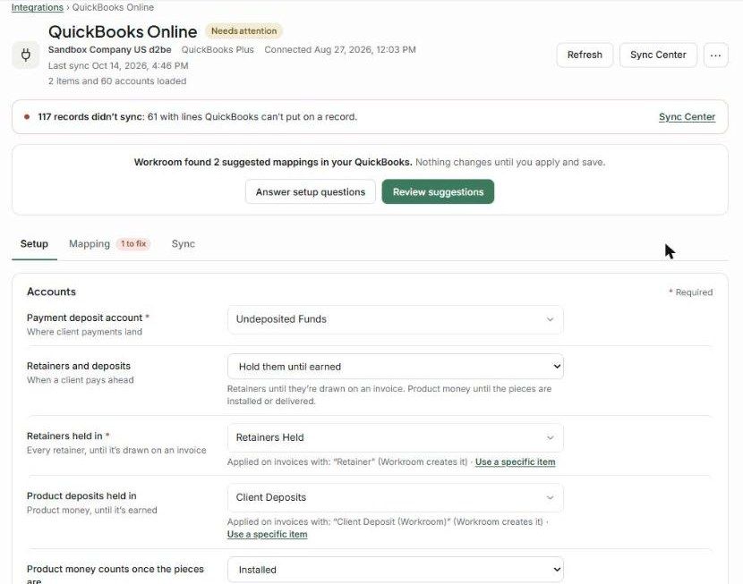 QuickBooks Setup tab: accounts for payments, retainers, deposits and income