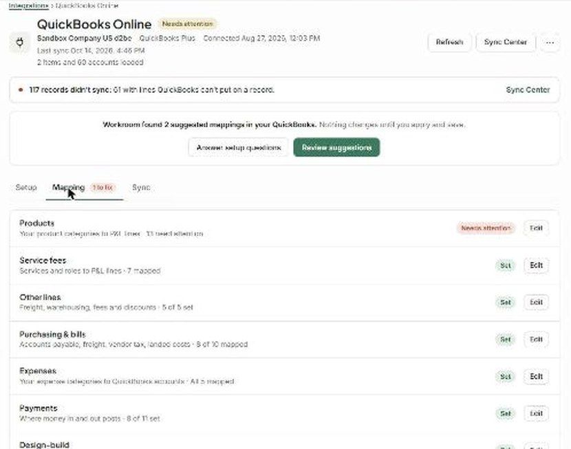 QuickBooks Mapping tab with each group's status
