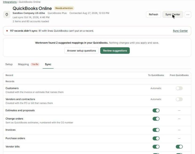 QuickBooks Sync tab with To QuickBooks and From QuickBooks toggles per record