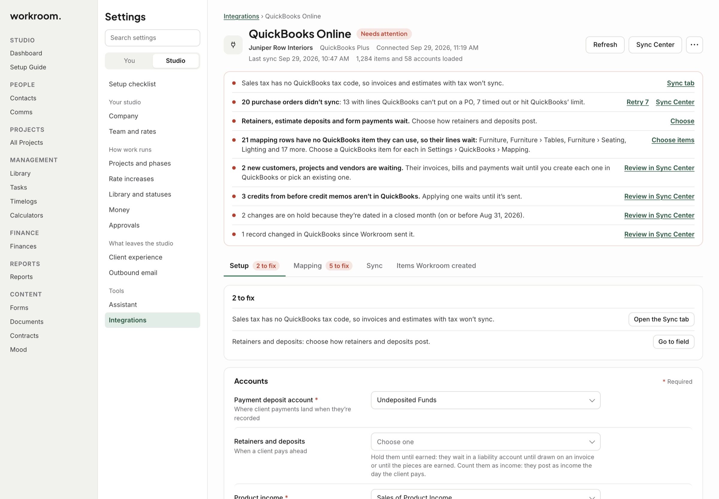 QuickBooks Online settings, with what needs attention listed at the top