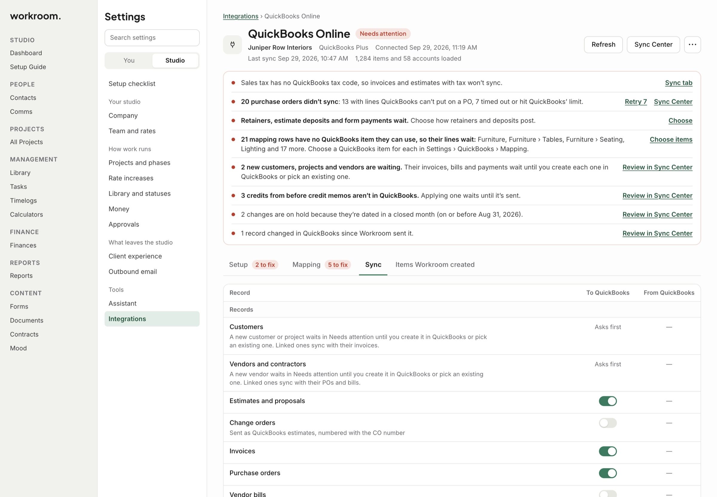The Sync tab: what goes to QuickBooks
