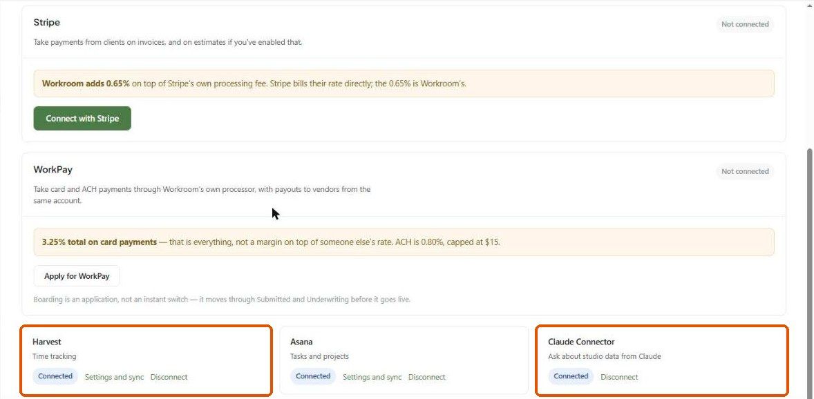 The Integrations page with the Harvest, Asana and Claude Connector cards