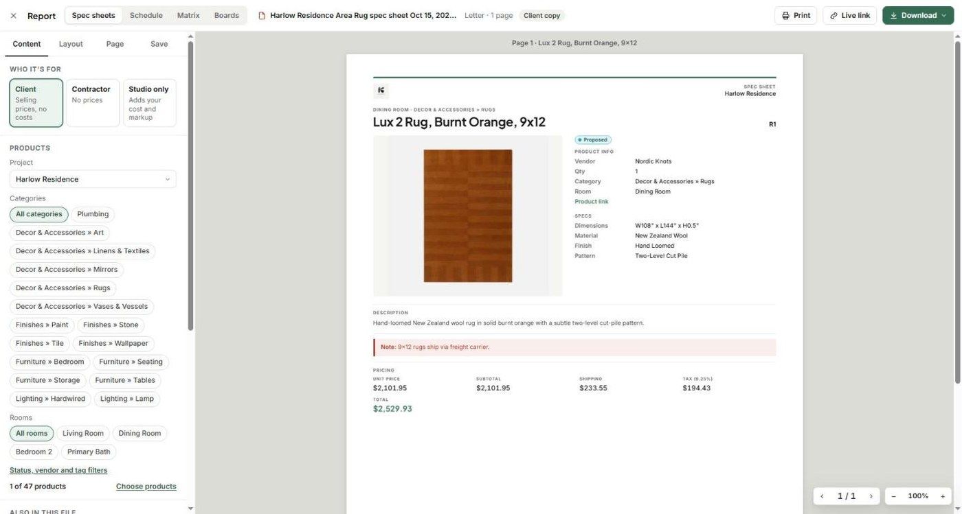 Single-product spec sheet