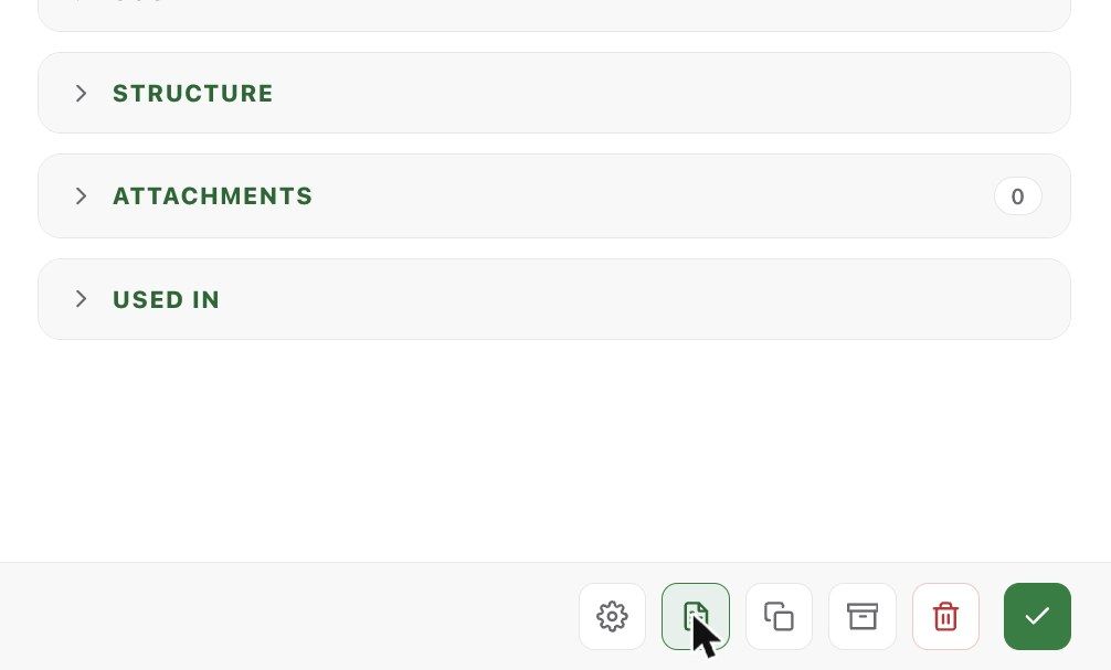 The product drawer footer, with the document icon