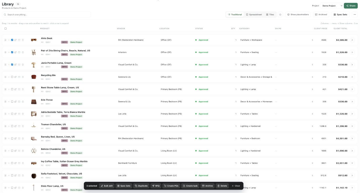 The Library with three products ticked and Spec Sets in the selection bar