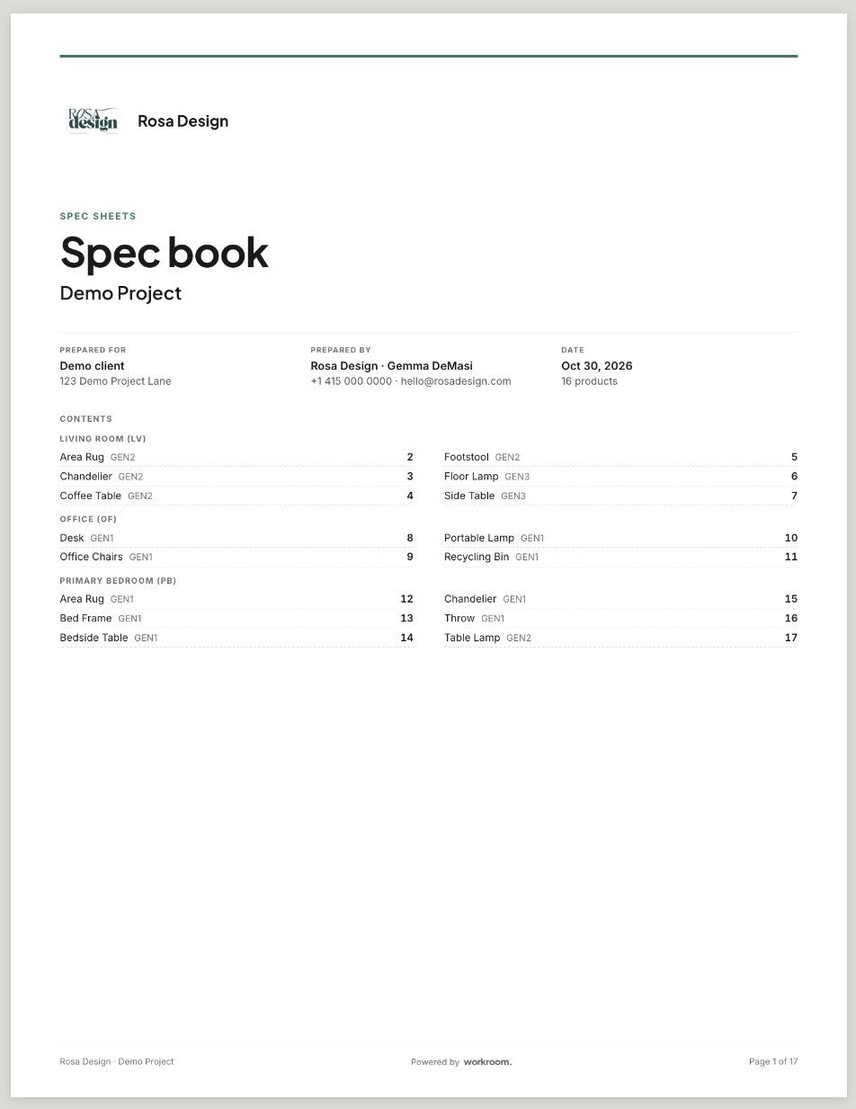 A spec book cover with the contents, grouped by room