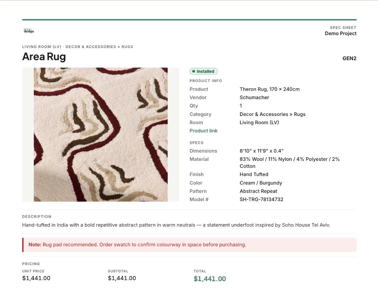 A product page: photo, product info, specs, note and pricing