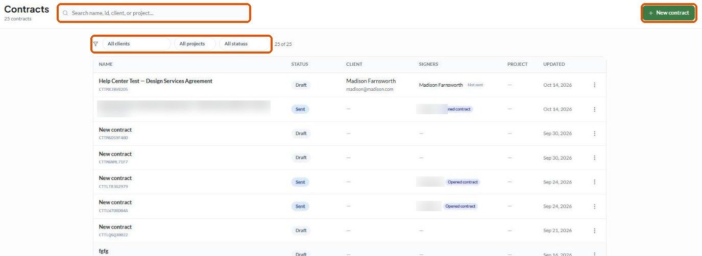 The Contracts list with search, filters and the New contract button highlighted